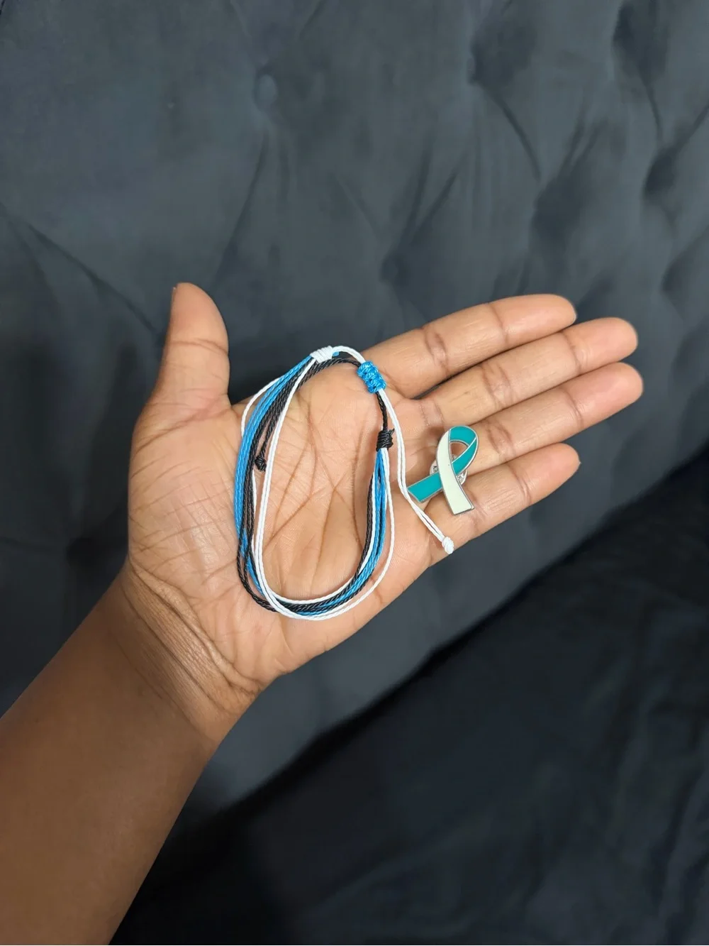 Teal, White & Black Cancer Awareness Cord Bracelet with Enamel Pin